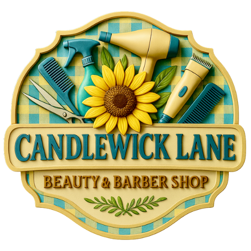 Candlewick Lane Beauty & Barber Shop logo with sunflower, hair blower, hair combs, scissors and razors
